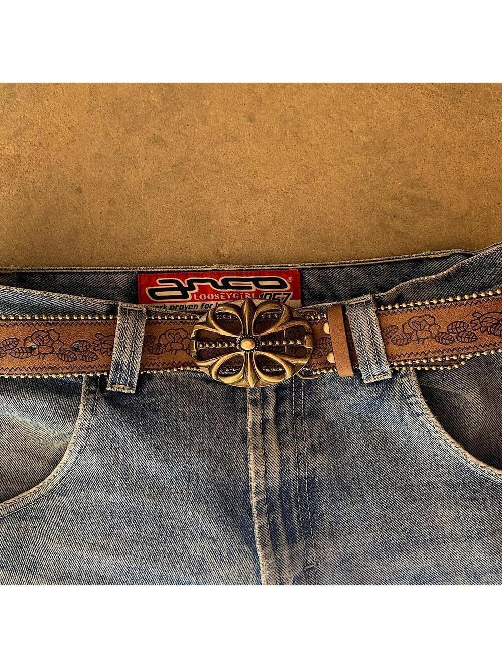 Western floral gold beaded boho brown belt. 38.5 inches length. 1.5 inch width. - Picture 3 of 8